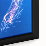 Close-up of a framed canvas wall art featuring a vibrant jellyfish design, showcasing intricate details and colors, perfect for marine life enthusiasts and contemporary decor.