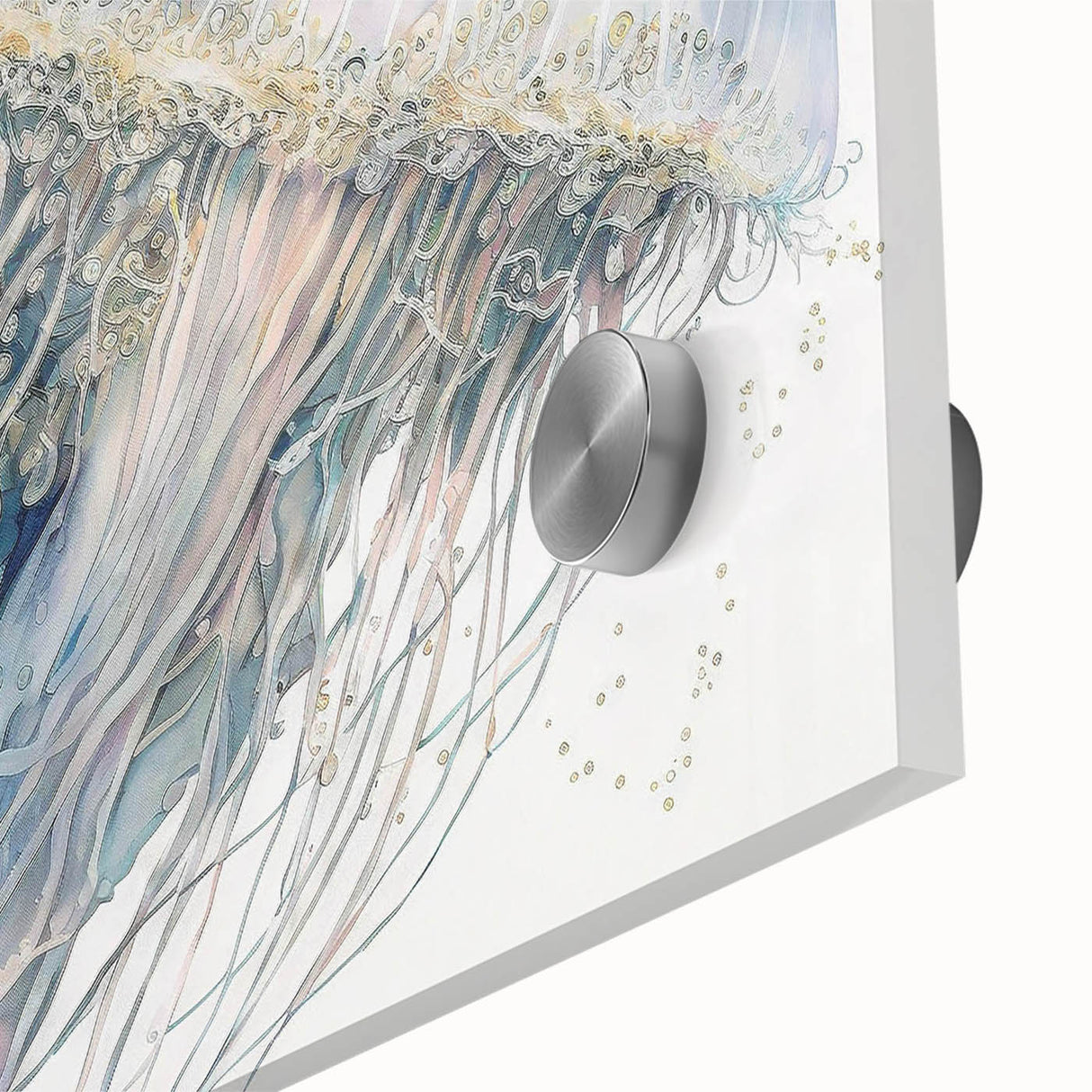 Close-up of a marine life jellyfish design wall art piece, showcasing vibrant colors and intricate details on acrylic glass, perfect for ocean-themed decor.