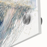 Close-up of a marine life jellyfish design wall art piece, showcasing vibrant colors and intricate details on acrylic glass, perfect for ocean-themed decor.