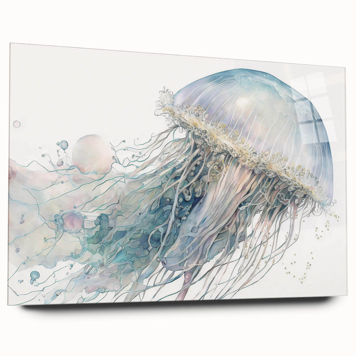 Vibrant acrylic glass wall art featuring a stunning jellyfish design, showcasing intricate details and fluid colors, perfect for marine life enthusiasts and modern decor.