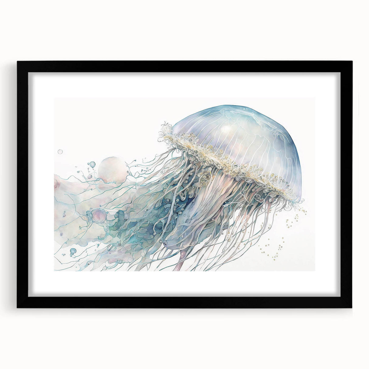 Black-framed wall art featuring a vibrant jellyfish design in a marine life collection, set against a white mat, perfect for coastal-themed decor.
