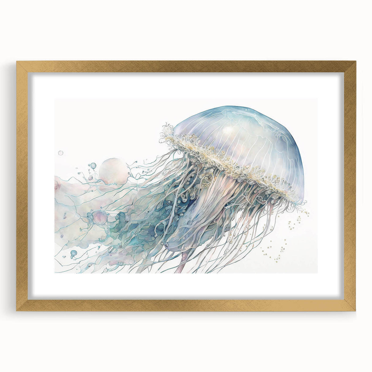 Golden-framed wall art showcasing a vibrant jellyfish design with intricate details, perfect for marine life enthusiasts and coastal-themed decor.