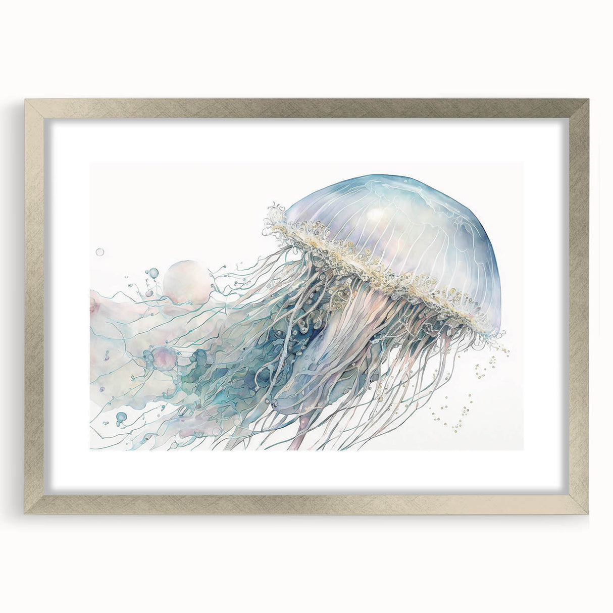 Framed wall art featuring a captivating jellyfish design in vibrant colors, elegantly presented with a silver frame and mat. Ideal for marine life enthusiasts.