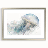 Framed wall art featuring a captivating jellyfish design in vibrant colors, elegantly presented with a silver frame and mat. Ideal for marine life enthusiasts.