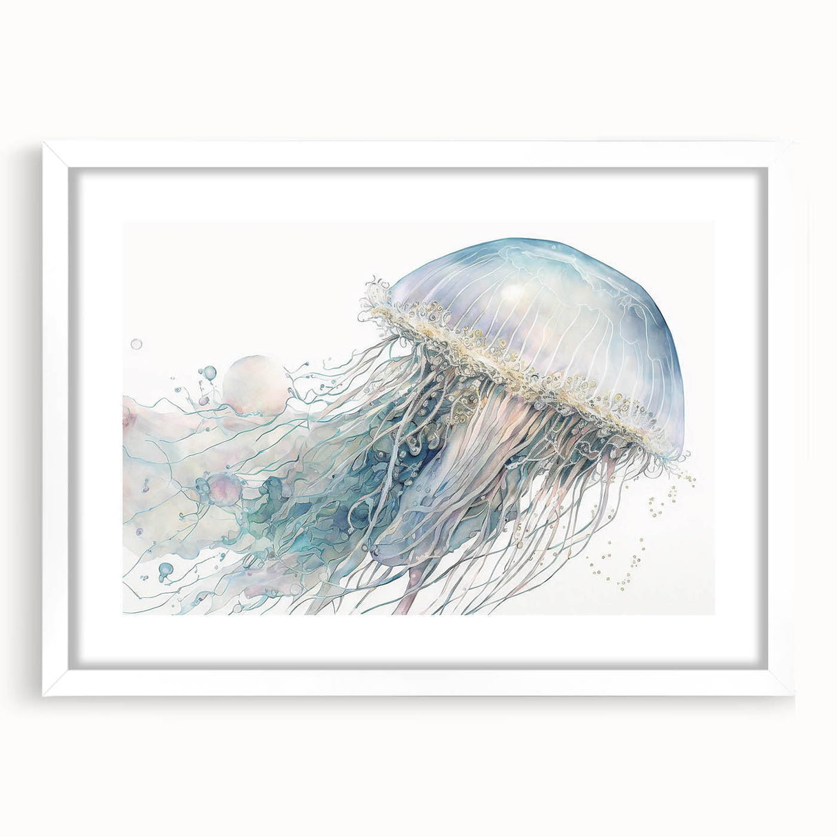 Wall art featuring a vibrant jellyfish design in shades of blue and white, elegantly framed with a white mat, perfect for marine-themed decor in living spaces.