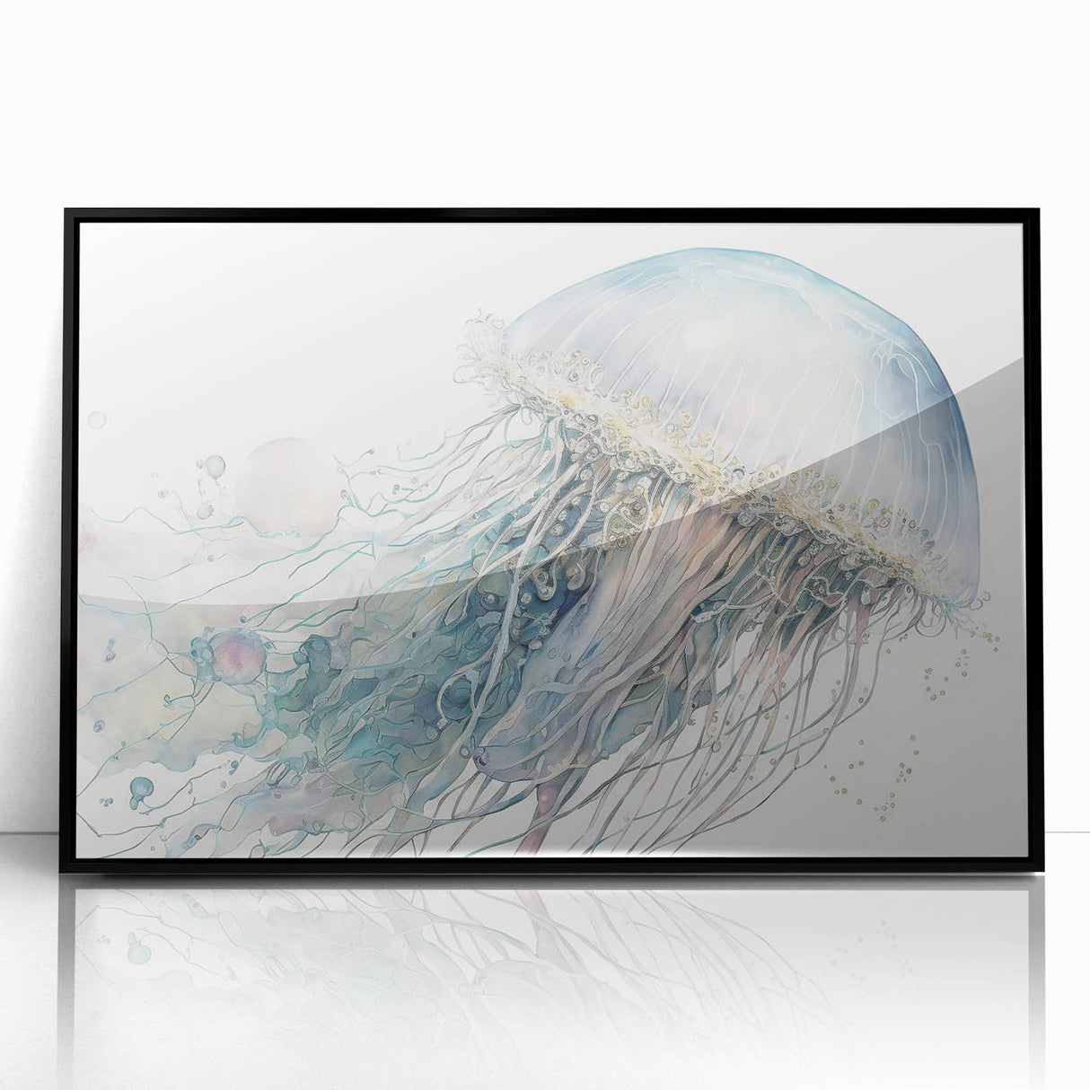 Framed acrylic wall art featuring a vibrant jellyfish design in shades of blue and purple, set against a sleek black frame, perfect for marine life enthusiasts.