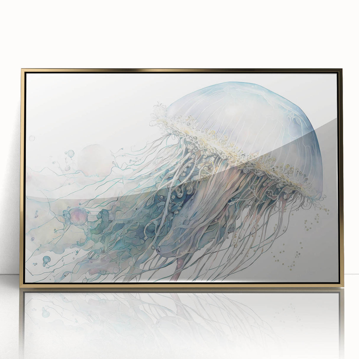 Framed wall art showcasing a vibrant jellyfish design in shades of blue and gold, set in an elegant acrylic frame, perfect for marine-themed decor.