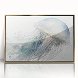 Framed wall art showcasing a vibrant jellyfish design in shades of blue and gold, set in an elegant acrylic frame, perfect for marine-themed decor.