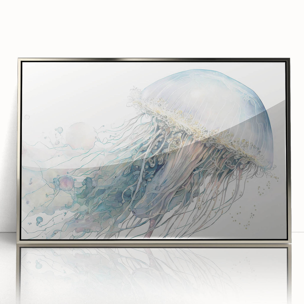 Framed wall art featuring a vibrant jellyfish design in shades of blue and purple, set in a sleek silver frame, perfect for marine-themed decor.