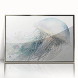 Framed wall art featuring a vibrant jellyfish design in shades of blue and purple, set in a sleek silver frame, perfect for marine-themed decor.