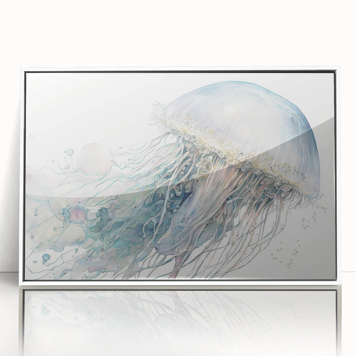 Framed wall art featuring a vibrant jellyfish design, showcasing intricate details and colors, perfect for marine life enthusiasts. Ideal for home decor.