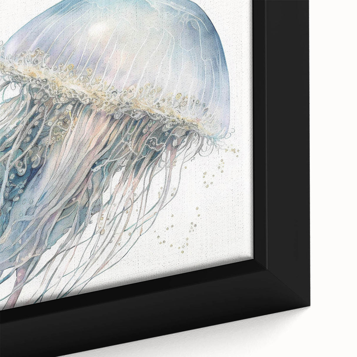Close-up of a framed canvas art piece showcasing a vibrant jellyfish design, featuring intricate details and fluid colors, perfect for marine life enthusiasts.