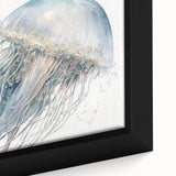 Close-up of a framed canvas art piece showcasing a vibrant jellyfish design, featuring intricate details and fluid colors, perfect for marine life enthusiasts.