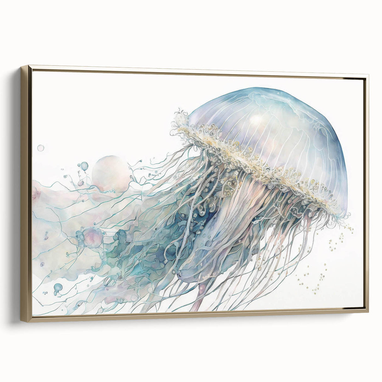 Framed wall art showcasing a vibrant marine life jellyfish design in gold hues, elegantly displayed in a side view, perfect for ocean-themed decor.