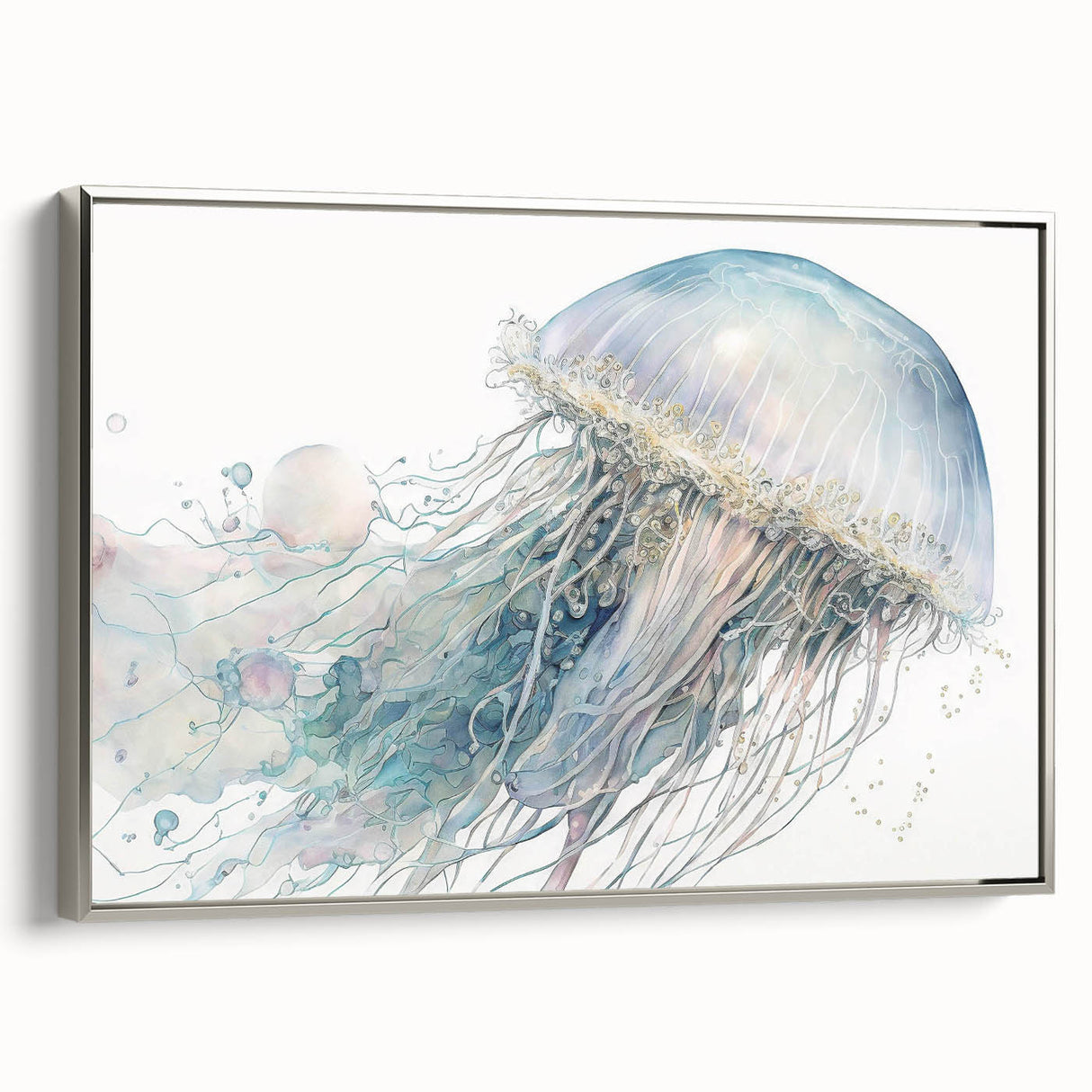 Framed wall art featuring a vibrant jellyfish design in shades of blue and purple, showcasing marine life aesthetics with a sleek silver frame, ideal for aquatic-themed decor.