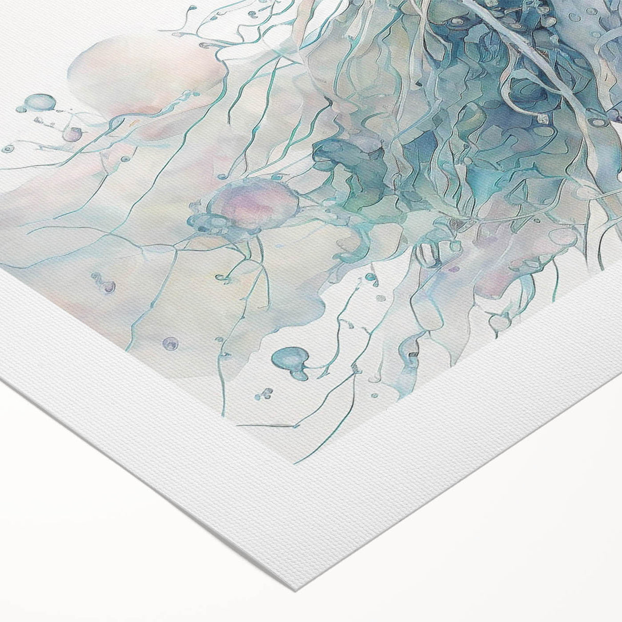 Colorful jellyfish design on rolled canvas wall art, showcasing marine life in vibrant hues. Perfect for ocean-themed decor, enhancing any space with a touch of aquatic elegance.