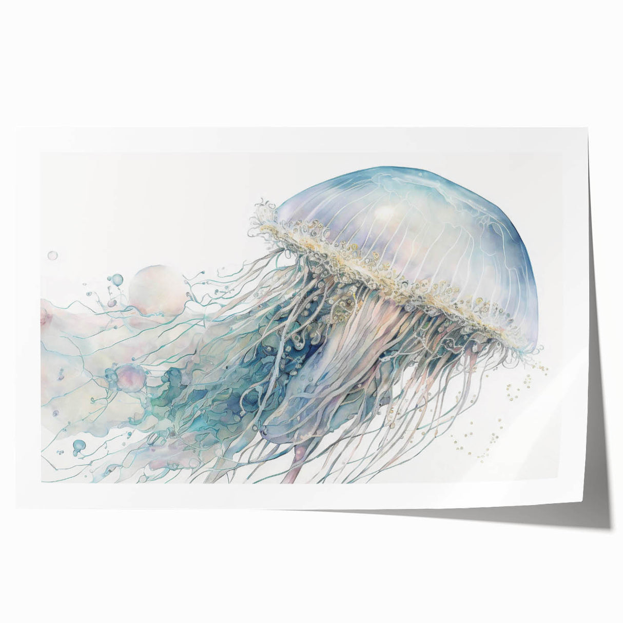 Vibrant jellyfish wall art print showcasing intricate marine life designs, featuring shades of blue and purple, perfect for ocean-themed decor.