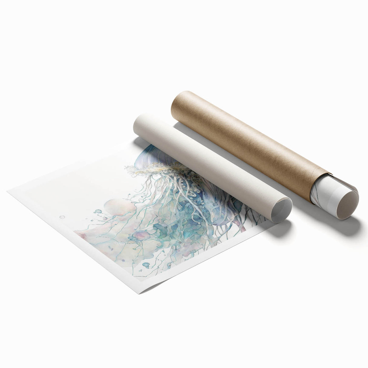 Colorful jellyfish illustration on a rolled art print, showcasing intricate details and flowing tentacles, perfect for marine-themed decor or aquatic art lovers.
