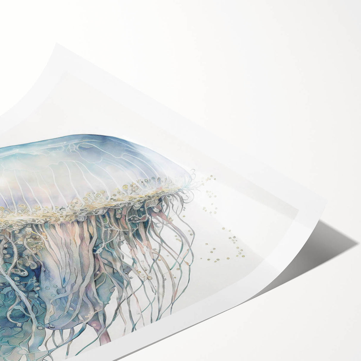 Vibrant jellyfish wall art print showcasing intricate marine life details in blue and purple hues, perfect for ocean-themed decor or art collection.