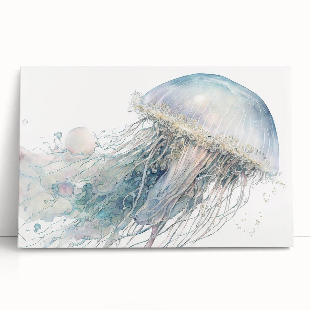 Vibrant jellyfish wall art design on a stretched canvas, showcasing intricate marine life details in soothing blue and white tones, perfect for ocean-themed decor.