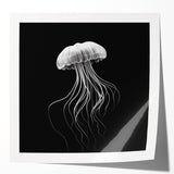 Vibrant jellyfish wall art print showcasing intricate marine life designs in shades of blue and purple, perfect for ocean-themed decor and enhancing any space.