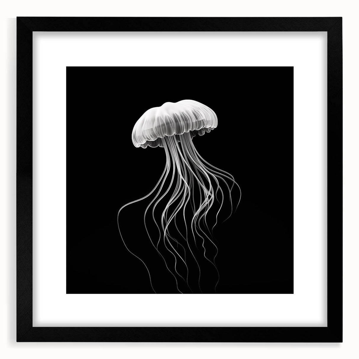 Black-framed wall art featuring a vibrant jellyfish design with intricate details, showcasing marine life in stunning colors. Perfect for ocean-themed decor.