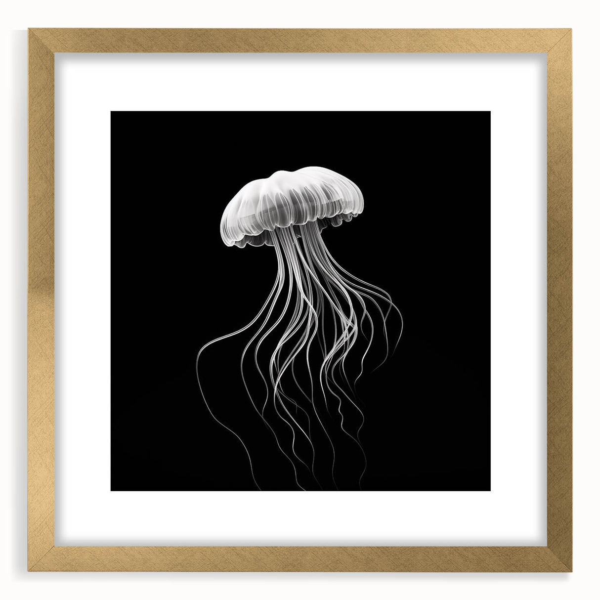 Elegant wall art featuring a jellyfish design in vibrant hues, framed with a gold finish. This eye-catching marine life decor adds a touch of ocean-inspired beauty to any space. Perfect for aquatic enthusiasts and modern interior design.