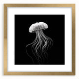 Elegant wall art featuring a jellyfish design in vibrant hues, framed with a gold finish. This eye-catching marine life decor adds a touch of ocean-inspired beauty to any space. Perfect for aquatic enthusiasts and modern interior design.