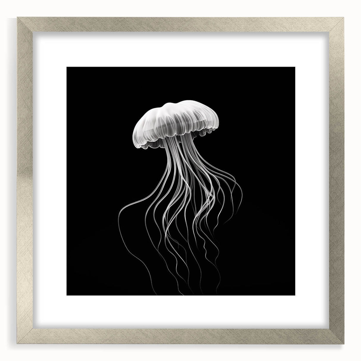 Elegant silver-framed wall art featuring a vibrant jellyfish design, showcasing intricate marine life details against a soothing backdrop, ideal for ocean-themed decor.