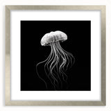 Elegant silver-framed wall art featuring a vibrant jellyfish design, showcasing intricate marine life details against a soothing backdrop, ideal for ocean-themed decor.