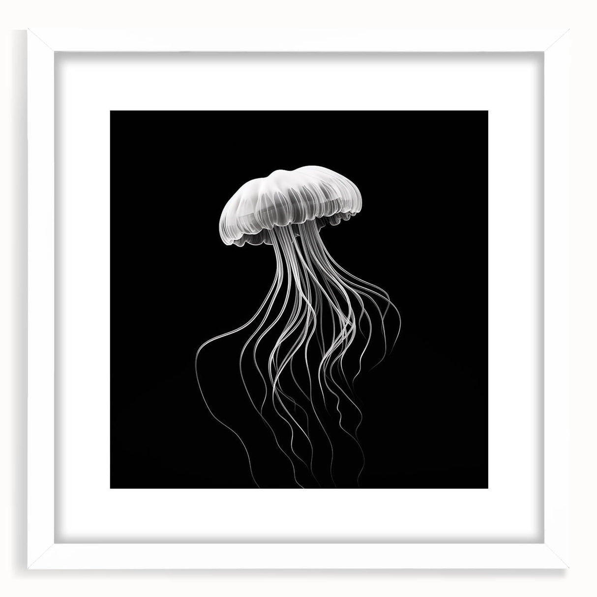 Elegant marine life wall art featuring a jellyfish design, framed with a white mat and modern frame, perfect for ocean-themed home decor.
