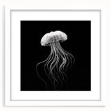 Elegant marine life wall art featuring a jellyfish design, framed with a white mat and modern frame, perfect for ocean-themed home decor.