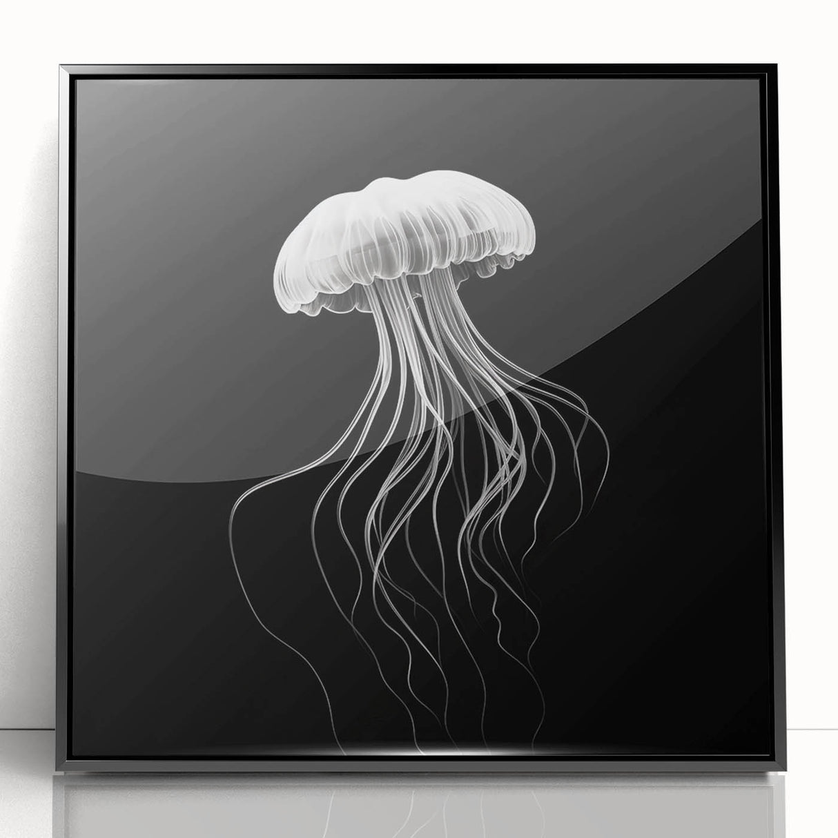 Framed wall art featuring a vibrant jellyfish design in shades of blue and pink, set against a sleek black frame, ideal for marine-themed home decor.