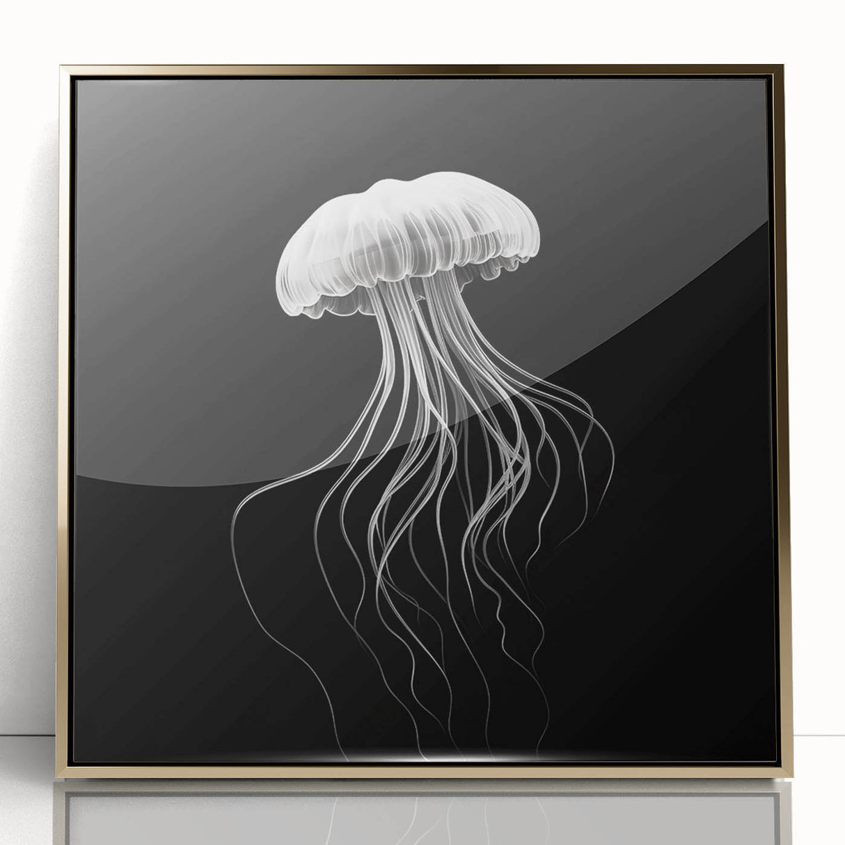 Framed wall art featuring a captivating jellyfish design in vibrant colors, set against a sleek gold-acrylic background, perfect for marine-themed decor.