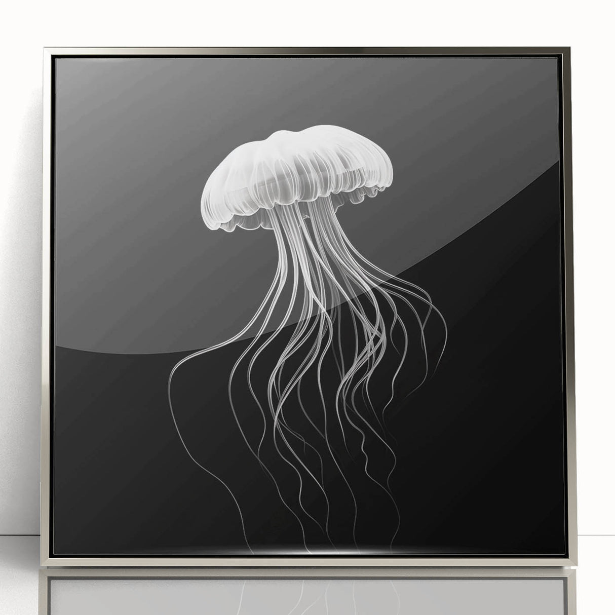 Framed wall art featuring a stunning marine life jellyfish design with a sleek silver frame, showcasing vibrant colors and intricate details, perfect for ocean-themed decor.