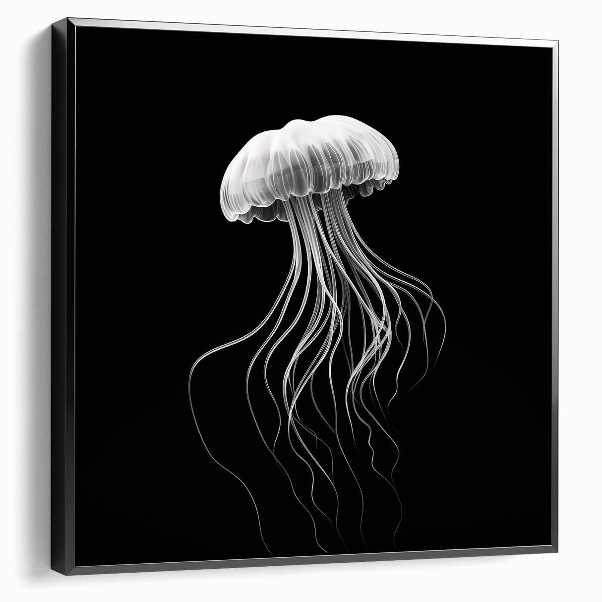 Framed canvas wall art showcasing a vibrant jellyfish design in shades of blue and purple, set against a sleek black frame, ideal for marine life enthusiasts.
