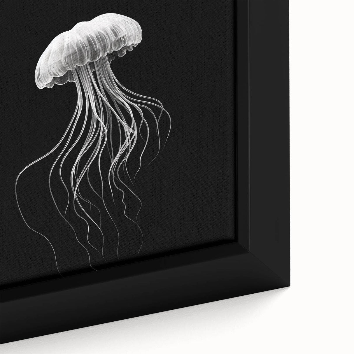 Close-up view of a vibrant jellyfish design in a framed canvas wall art piece showcasing intricate details and fluid colors, perfect for marine life enthusiasts.