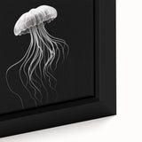 Close-up view of a vibrant jellyfish design in a framed canvas wall art piece showcasing intricate details and fluid colors, perfect for marine life enthusiasts.
