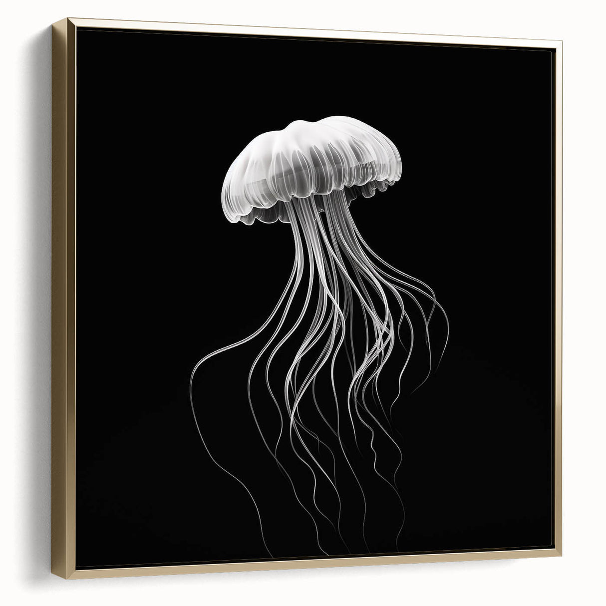 Framed wall art featuring a vibrant jellyfish design in shades of blue and gold, showcasing intricate details and textures, perfect for marine-themed decor.
