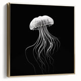 Framed wall art featuring a vibrant jellyfish design in shades of blue and gold, showcasing intricate details and textures, perfect for marine-themed decor.