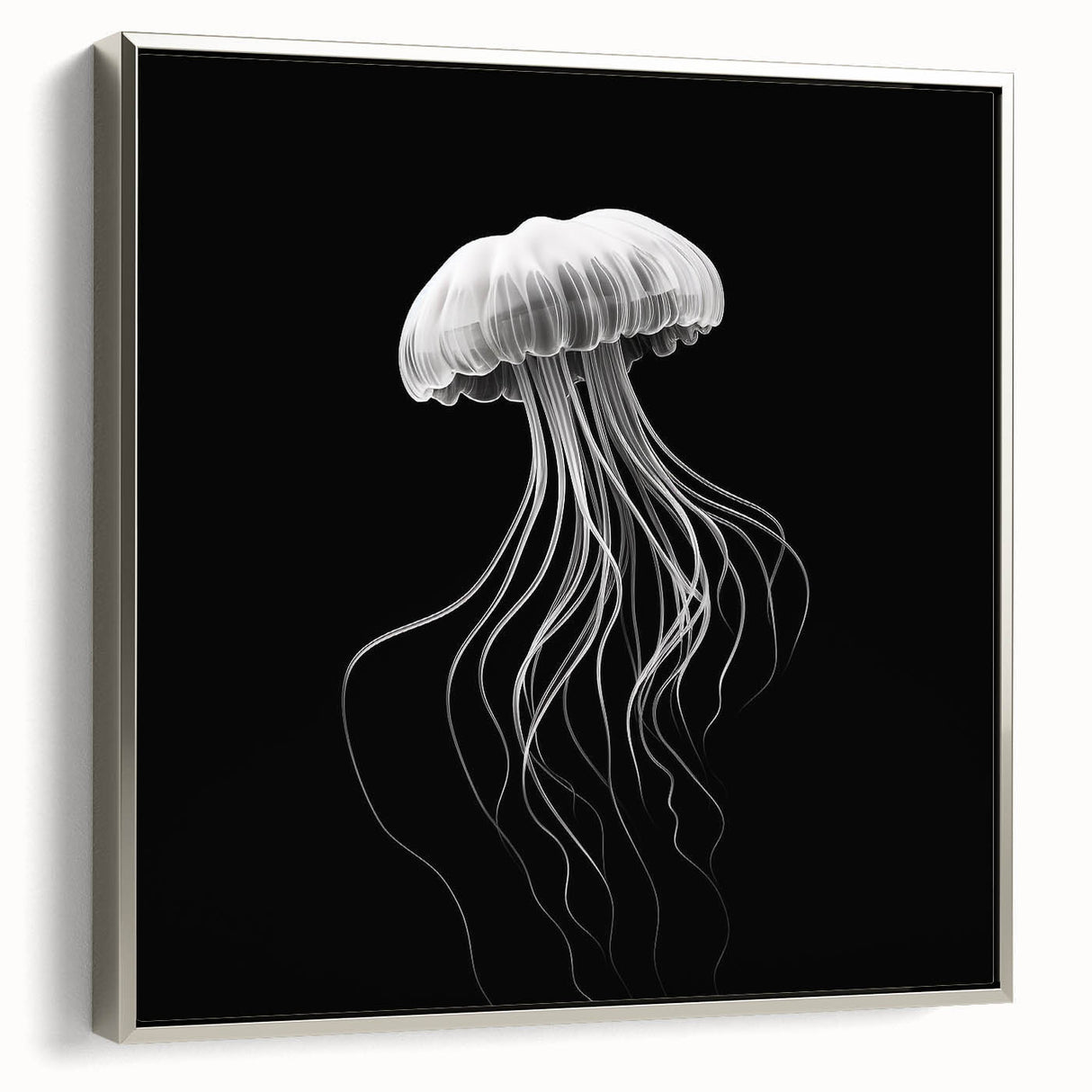 Framed canvas wall art showcasing a vibrant jellyfish design in silver tones, ideal for marine life decor. Perfect for enhancing modern aesthetics in any room.