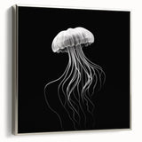 Framed canvas wall art showcasing a vibrant jellyfish design in silver tones, ideal for marine life decor. Perfect for enhancing modern aesthetics in any room.