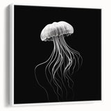Framed jellyfish wall art in vibrant colors, showcasing marine life design with a white border, perfect for coastal-themed decor in living spaces.