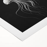Colorful jellyfish wall art design on rolled canvas, showcasing vibrant hues of blue, pink, and purple, ideal for marine life enthusiasts and home decor.