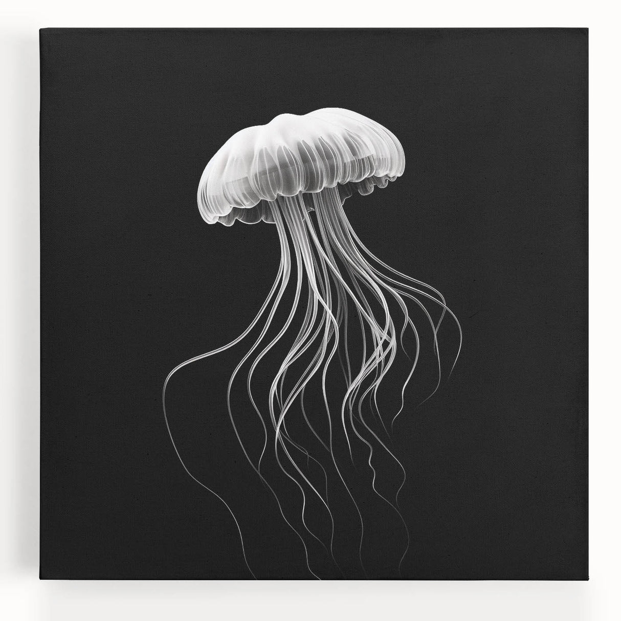 Vibrant jellyfish artwork on stretched canvas showcasing fluid, colorful marine life against a serene blue background, ideal for ocean-themed decor.