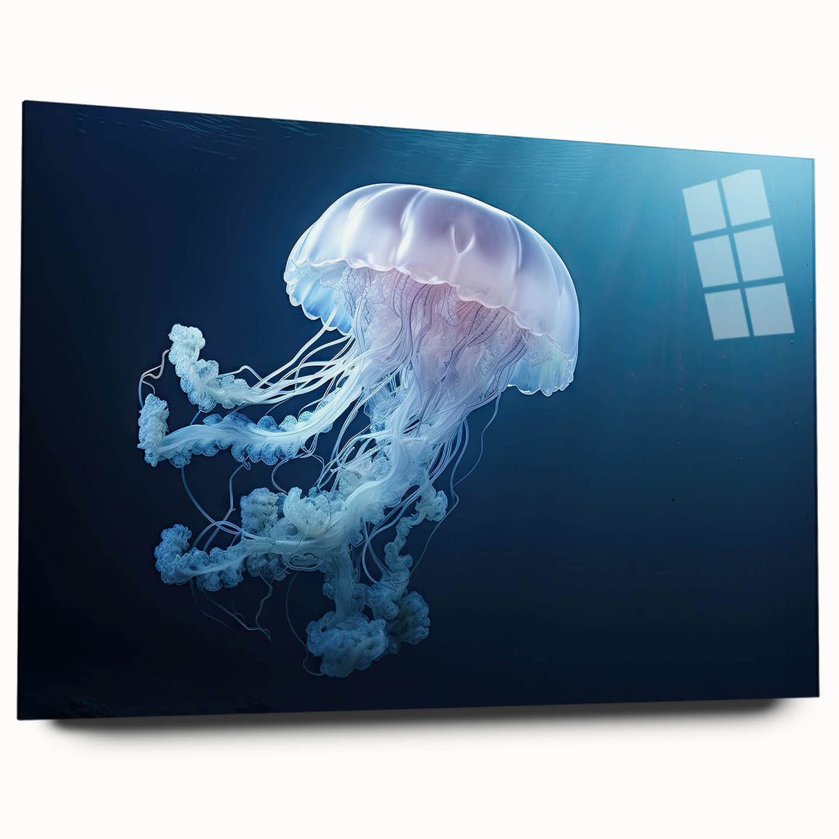 Colorful acrylic glass wall art featuring a vibrant jellyfish design, showcasing fluid shapes and hues of blue and purple, ideal for marine life enthusiasts.
