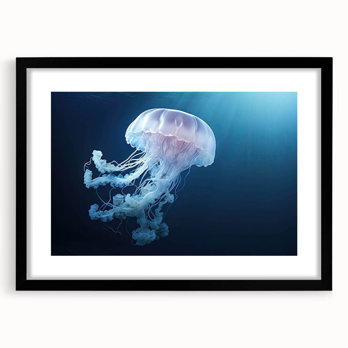 Black-framed wall art featuring a vibrant jellyfish design in a marine life theme, showcasing intricate details and colors, ideal for ocean-inspired decor.