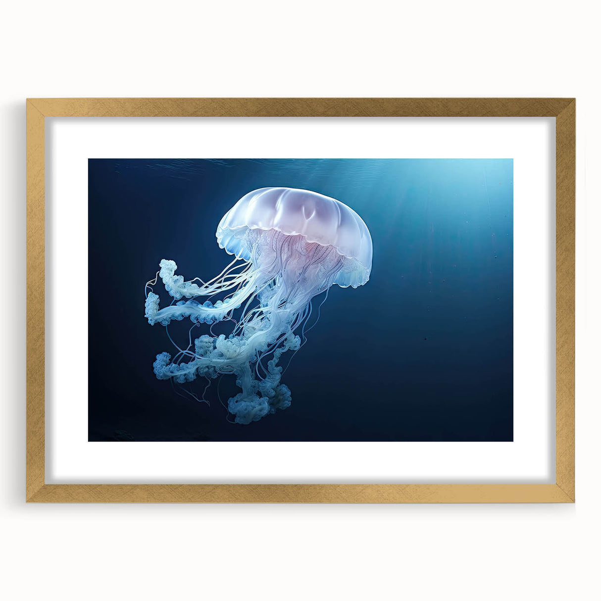 Gold-framed wall art showcasing a vibrant jellyfish design, featuring intricate details and a soft mat, perfect for marine life enthusiasts and modern decor.