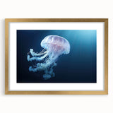Gold-framed wall art showcasing a vibrant jellyfish design, featuring intricate details and a soft mat, perfect for marine life enthusiasts and modern decor.