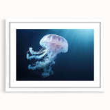 Framed wall art showcasing a vibrant jellyfish design in shades of blue and purple, elegantly matted and set against a white background, perfect for marine-themed decor.